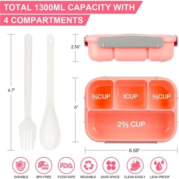 Lunch Box Kit, Lunch Container for Kids/Adults, Leak-proof Box 4 Compartments - Picture 4 of 5